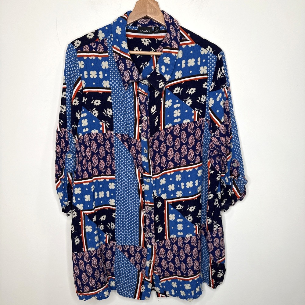 Evans Patchwork Button Up Blouse Womens 20 Plus Size Crinkle Tunic Roll Tab Blue